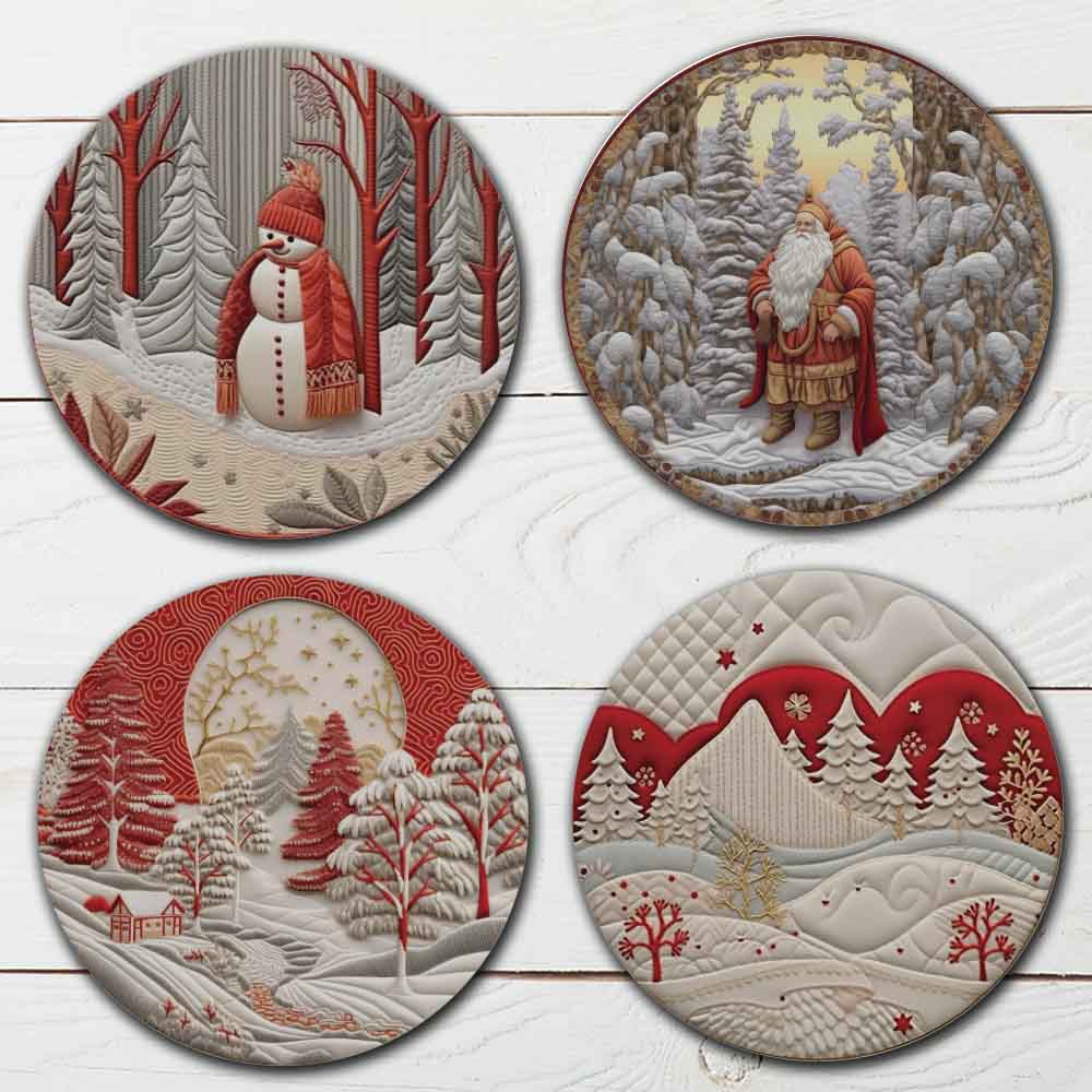 Set of 4 - 4 Christmas Themed "3D Christmas Scenes" Coasters - TPE - Polyester with Rubber Back