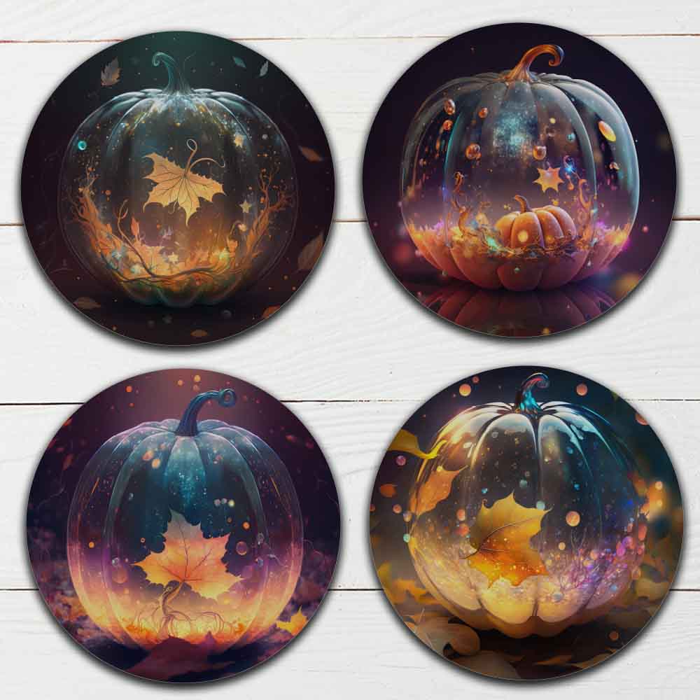 Set of 4 - 4 Fall Themed "3D Fall Glass Pumpkins" Coasters - TPE - Polyester with Rubber Back