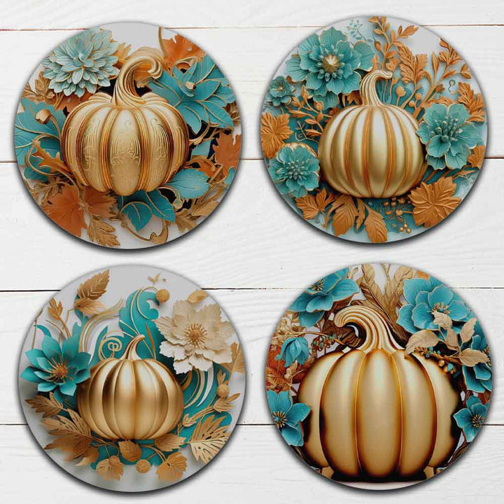 Set of 4 - 4 Fall Themed "3D Fall Gold Pumpkins" Coasters - TPE - Polyester with Rubber Back