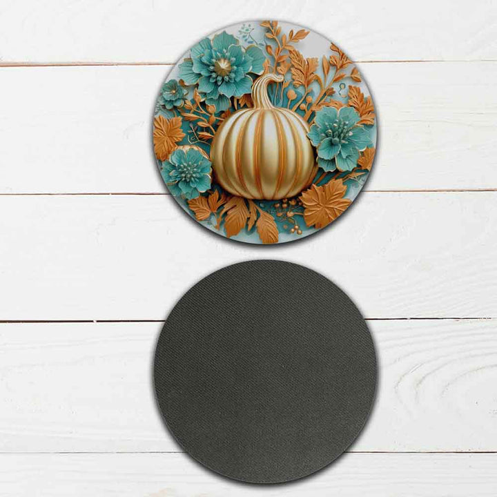 Set of 4 - 4 Fall Themed "3D Fall Gold Pumpkins" Coasters - TPE - Polyester with Rubber Back