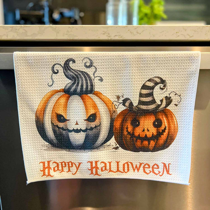 Microfiber Waffle Towel - Halloween - Vintage Striped Pumpkins