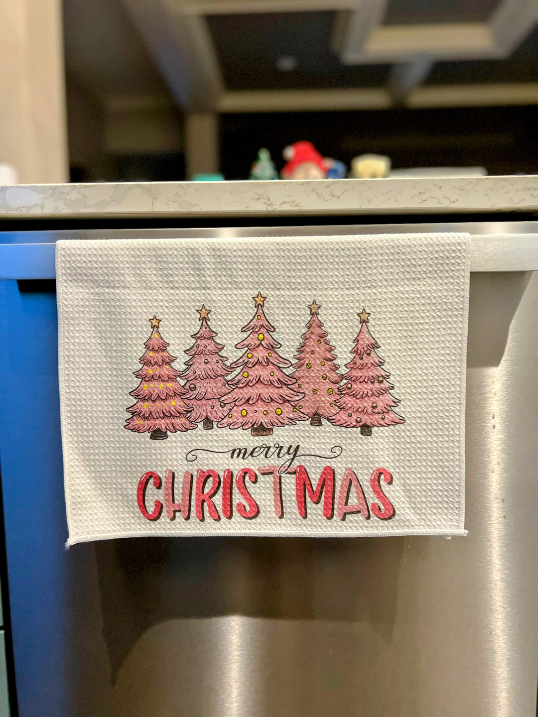 Microfiber Waffle Towel - Pink Christmas Trees - "Merry Christmas"