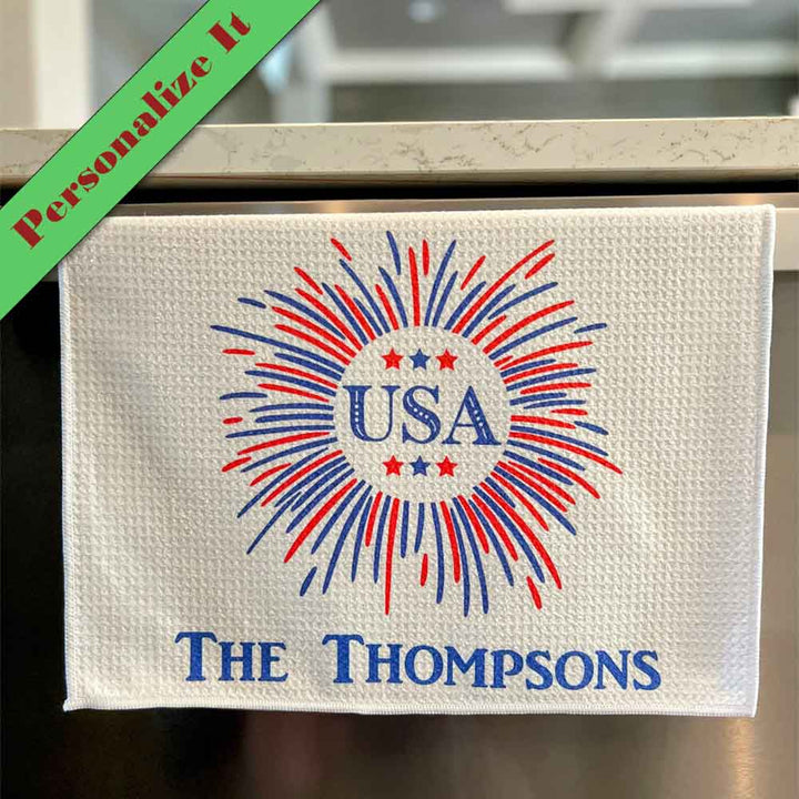Personalized Microfiber Waffle Towel - 4th of July USA Firework