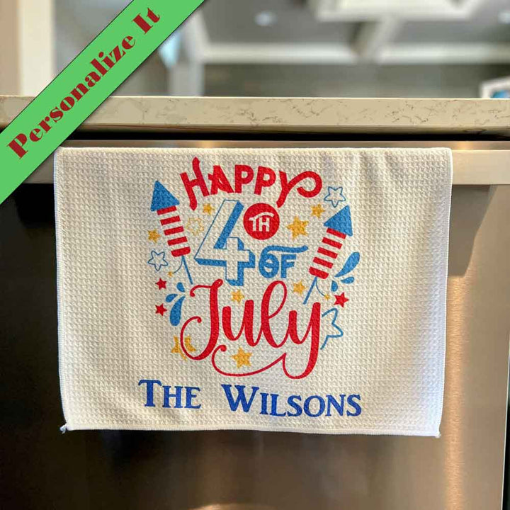 Personalized Microfiber Waffle Towel - 4th of July - Happy 4th of July With Rockets