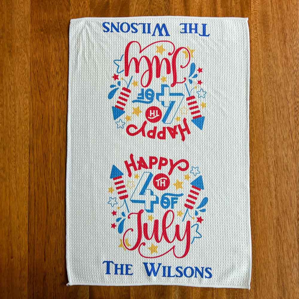 Personalized Microfiber Waffle Towel - 4th of July - Happy 4th of July With Rockets