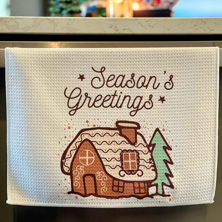 Microfiber Waffle Towel - Christmas - "Seasons Greetings" Gingerbread House