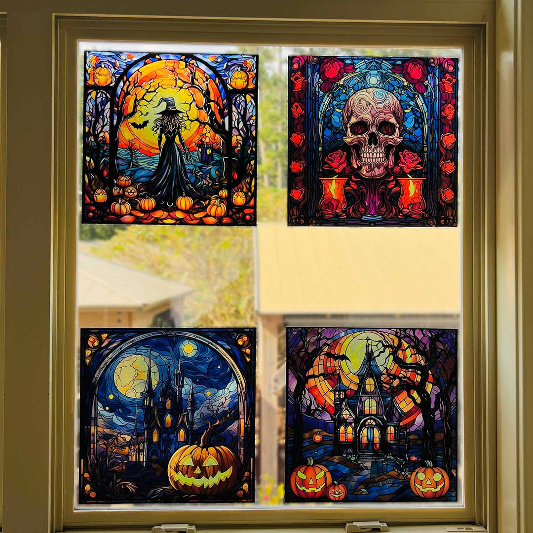 4 Halloween Themed Window Clings - "Stained Glass Scenes" - Set of 4